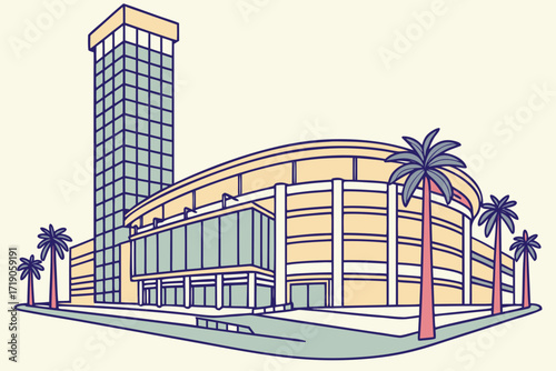 Amway Center in Orlando, Florida, shimmering arena with tall glass tower and Magic signage