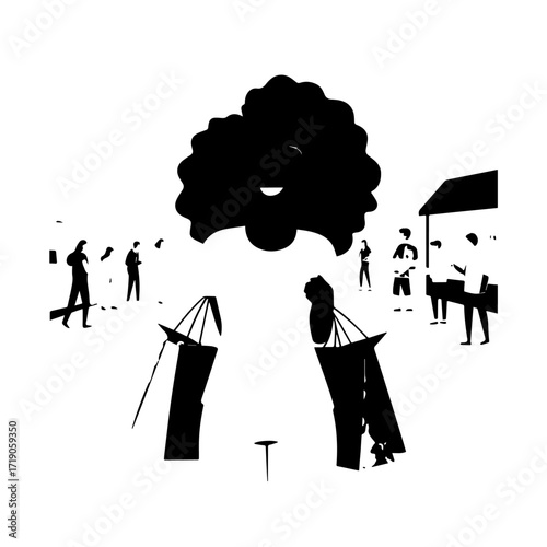 Black and white line art of a beautiful happy woman carrying shopping bags minimalist cheerful illustration