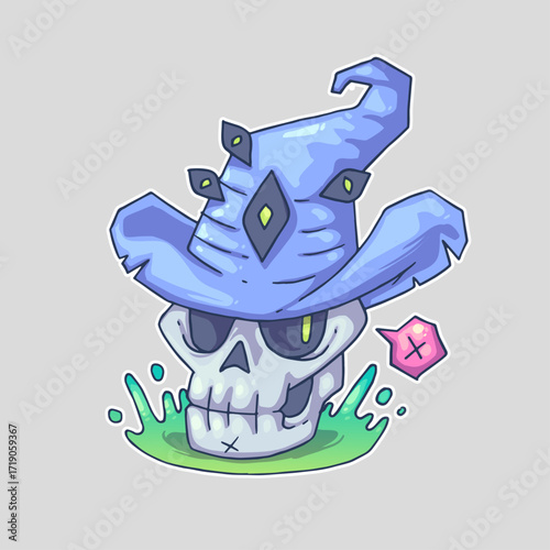 A mysterious skull wearing a wizard hat with glowing eyes, resting on grass, surrounded by floating magical elements. Cartoon vector character. Trendy style. Vector illustration.