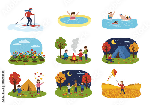 9 vignettes showing people in varied seasonal outdoor activities