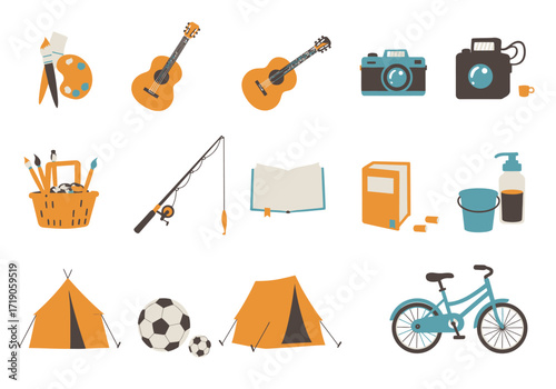 A collection of varied leisure items including art music sports camping reading fishing photography and sanitation equipment