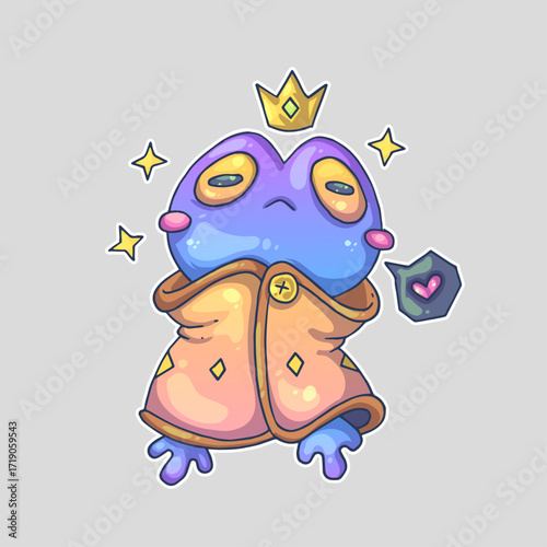 A cute, crowned frog in a royal robe with stars and a speech bubble with a heart, on a gray background. Cartoon vector character. Trendy style. Vector illustration.