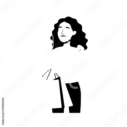 Black and white line art of a beautiful happy woman carrying shopping bags minimalist cheerful illustration