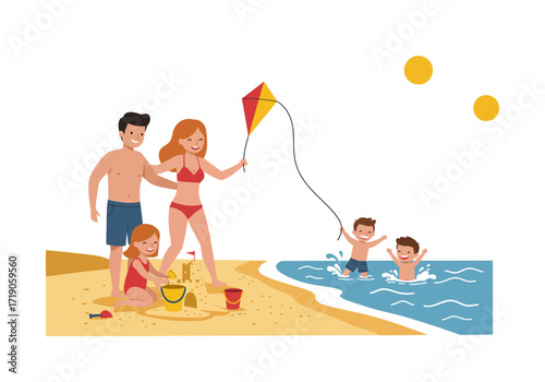 A family enjoys a beach outing with kite flying sandcastle building and swimming