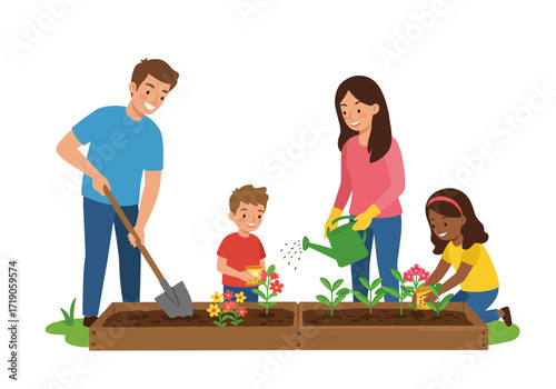 A family gardens in a raised bed planting flowers and tending to the soil