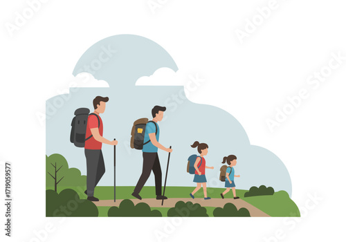 A family hikes a trail two adults with hiking poles two young girls with backpacks set against a leafy cloudy backdrop