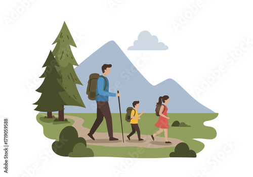 A family hikes a winding dirt path backdrop of mountains trees and a solitary cloud