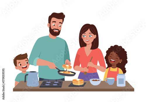 A family is cooking pancakes with a dad at the stove mom with a spoon and two kids smiling
