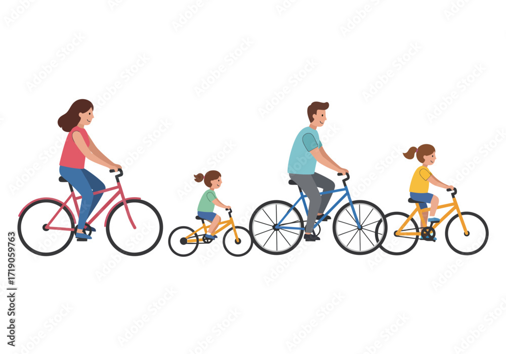 Obraz premium A family of four enjoys a bike ride together each on their own bicycle