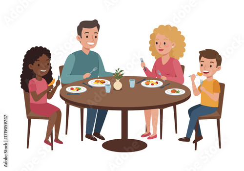A family of four including two parents and two children is sitting around a table enjoying a meal