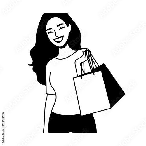 Black and white line art of a beautiful happy woman carrying shopping bags minimalist cheerful illustration