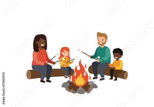 A family of four is gathered around a campfire roasting marshmallows