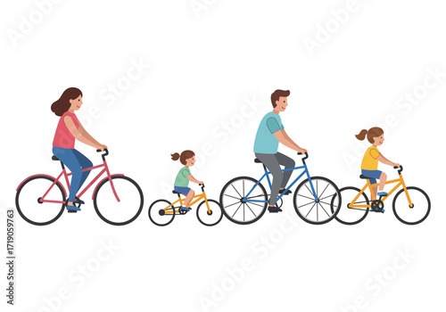 A family of four enjoys a bike ride together each on their own bicycle
