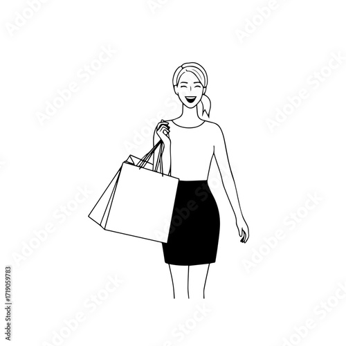 Black and white line art of a beautiful happy woman carrying shopping bags minimalist cheerful illustration