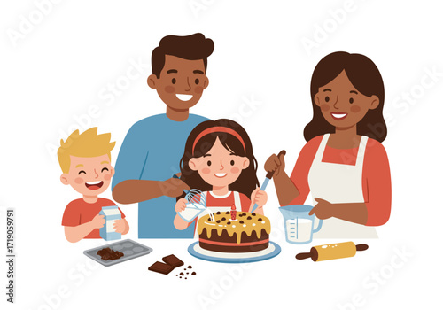 A family of four including a mom dad and two kids baking a cake together in a lightfilled kitchen