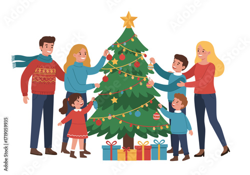 A family of six decorates a Christmas tree with ornaments and lights Wrapped gifts sit below