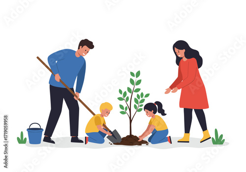 A family plants a tree together featuring a father mother son and daughter in a yard setting
