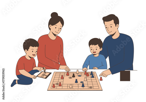 A family plays a board game at a table with the mom dad and two kids