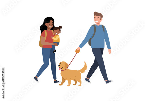 A family of three walks with a dog the mother carries a child