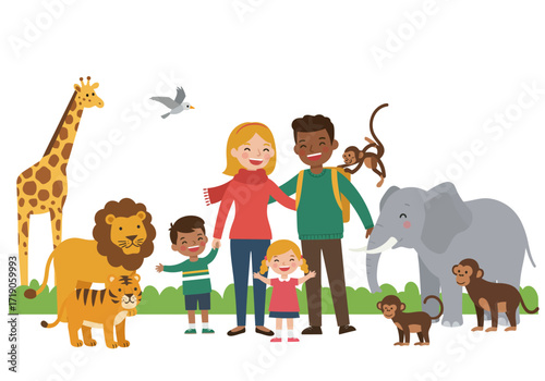 A family surrounded by zoo animals The animals include a giraffe lion elephant tiger and several monkeys