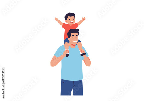 A father carries his son on his shoulders both smiling with uplifted arms set against a white background