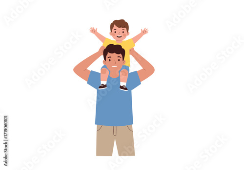 A man carries a child on his shoulders both smiling and holding their arms out