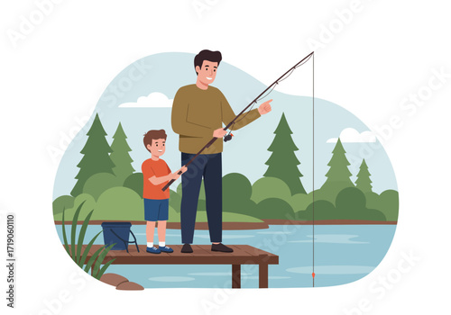 A man and boy stand on a pier fishing with a lake trees bucket and cloudy sky in the background