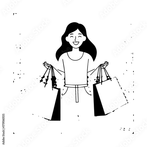 Black and white line art of a beautiful happy woman carrying shopping bags minimalist cheerful illustration