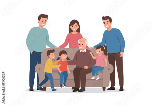 A multigenerational family gathers around a couch