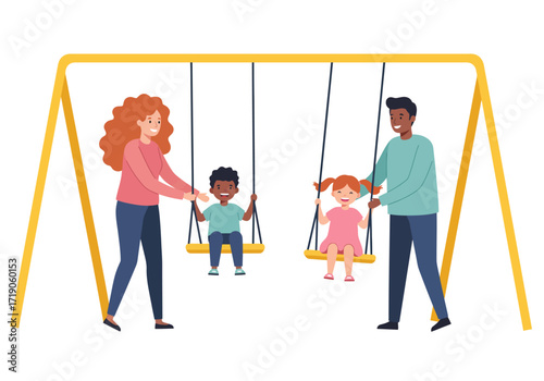 A swing set with parents pushing two children a boy and a girl