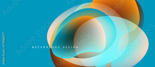 Abstract design features overlapping circles, vibrant colors. Blue background complements orange, white elements. Modern, dynamic composition.