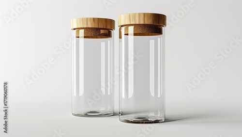 Two cylindrical glass jars with light wood and cork lids stand on a white background, slightly angled