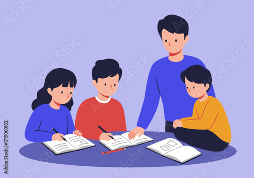 A teacher helps three students with their schoolwork