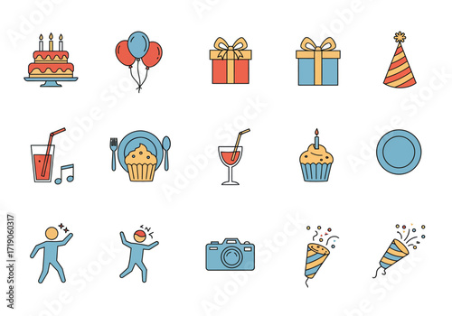 Birthdaythemed icons showcase cake balloons gifts party hats beverages cupcakes and celebratory noisemakers