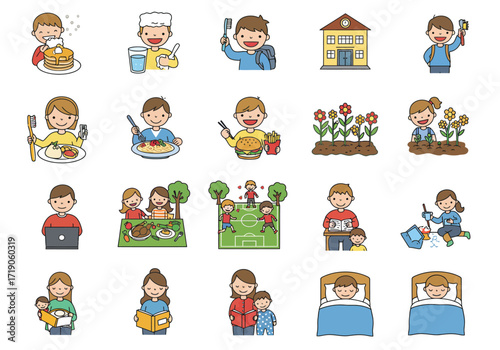 Cartoon depicts daily life activities like eating reading sleeping and playing