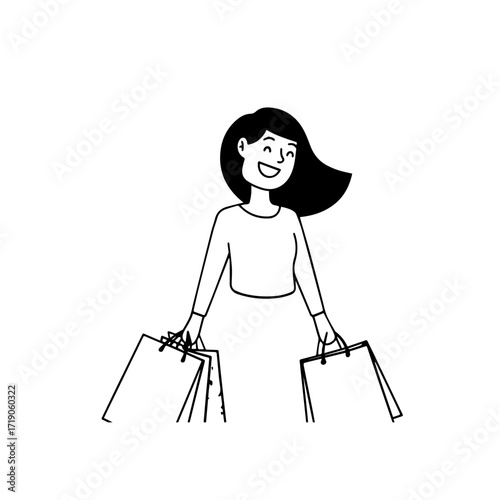 Black and white line art of a beautiful happy woman carrying shopping bags minimalist cheerful illustration