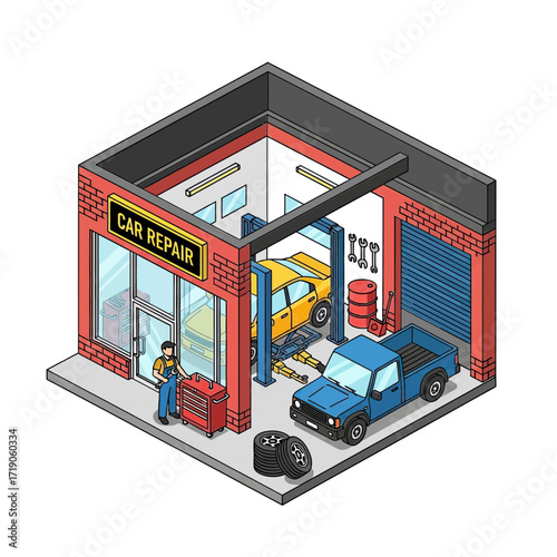 Charming isometric illustration of a car repair shop interior with mechanic tending to vehicles, perfect for automotive industry and service businesses