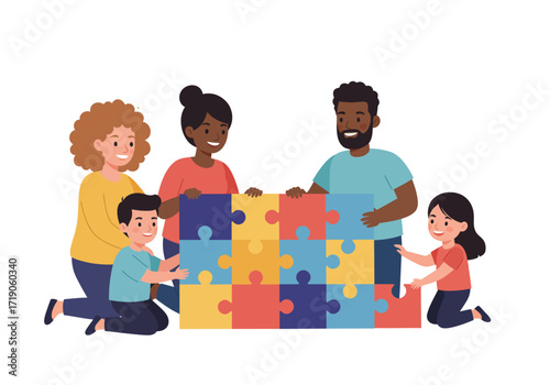 Cartoon family of five builds a colorful 4x4 jigsaw puzzle together while kneeling