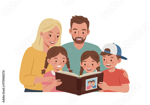 Cartoon family of five smiling looking at a photo album