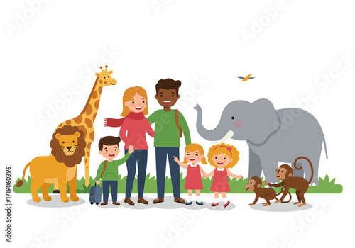Cartoon family visiting zoo lion giraffe elephant monkeys bird boy pulling suitcase