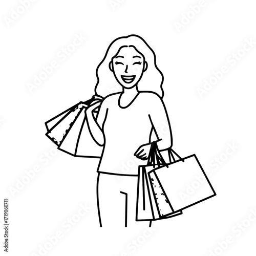 Black and white line art of a beautiful happy woman carrying shopping bags minimalist cheerful illustration