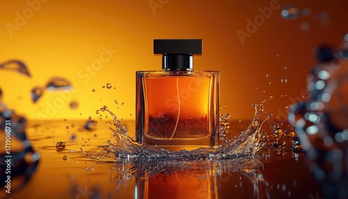 Amber perfume bottle in splash of water