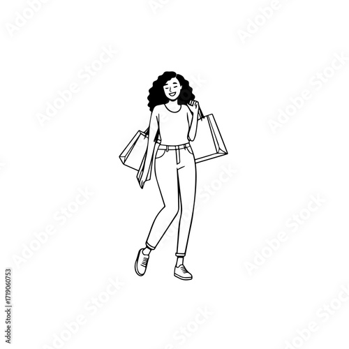 Black and white line art of a beautiful happy woman carrying shopping bags minimalist cheerful illustration