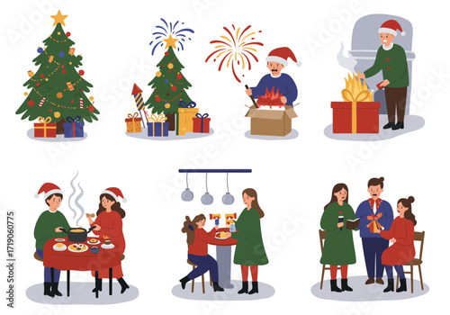 Diverse Christmas scenarios trees fireworks gifts and feasts depicted