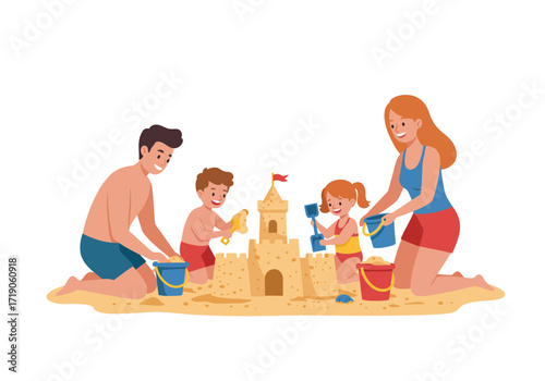 Family building a sandcastle on the beach using buckets and toy shovels