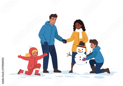 Family builds a snowman together outdoors parent holds hands
