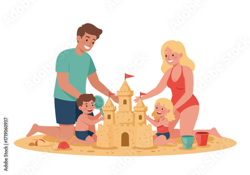 Family builds sandcastle on beach dad mom son  daughter present