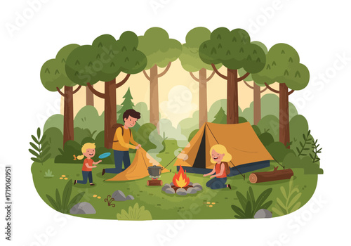 Family camping man pitching tent girl playing campfire burning
