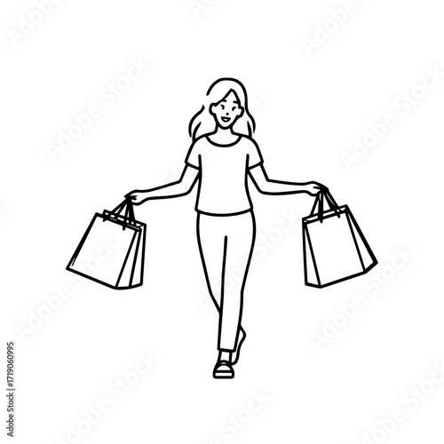 Black and white line art of a beautiful happy woman carrying shopping bags minimalist cheerful illustration