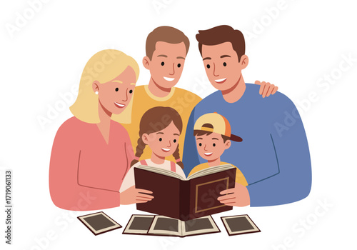 Family gathers flipping pages of a photo album together recalling moments in a cozy shared experience